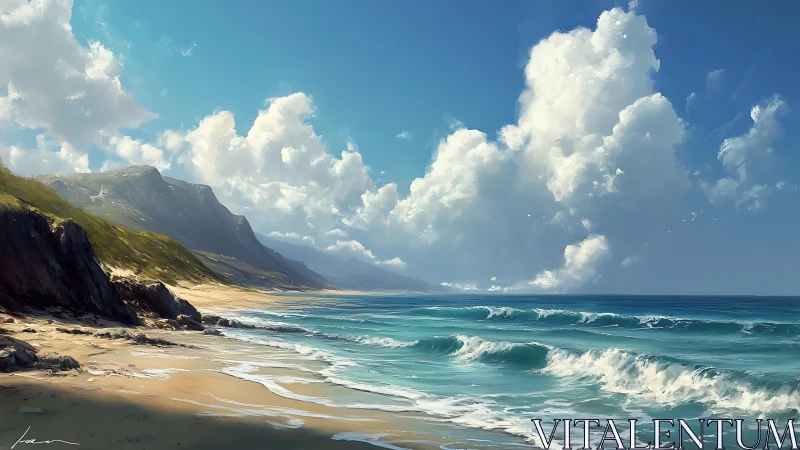 Sunlit coastal cliffs frame turquoise surf under towering clouds