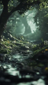 Forest stream beneath ancient tree with filtered light