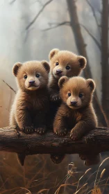 Three curious bear cubs share a cozy log in soft forest light