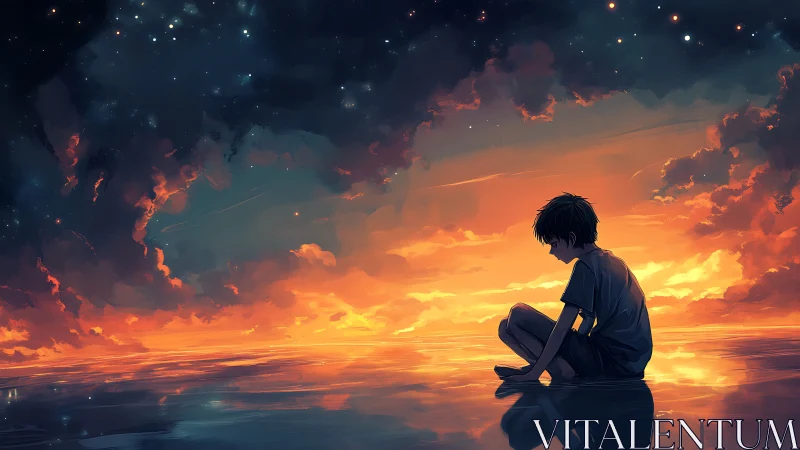 Stargazing child adrift on a molten sunset mirror sea.