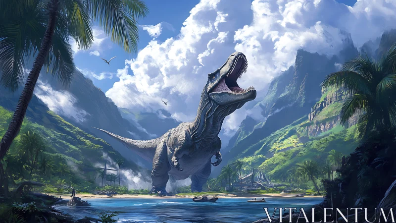 Gigantic T. rex charges across tropical shoreline under volumetric clouds