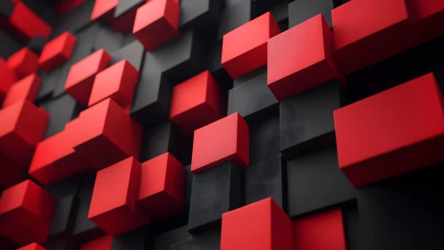 Red and black cubic blocks in staggered geometric array.
