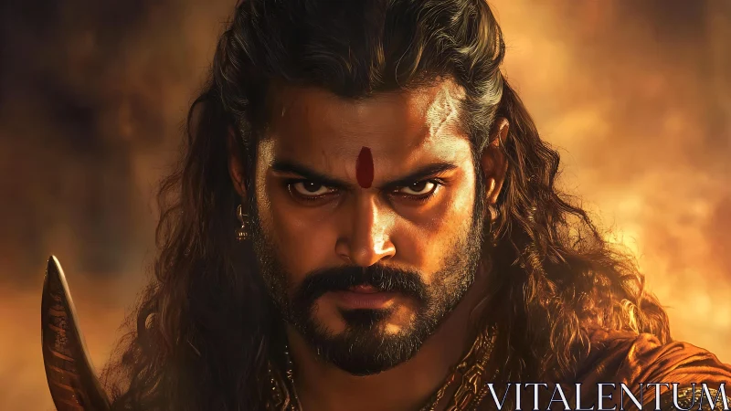 War-scarred warrior king glares through molten dusk fire.