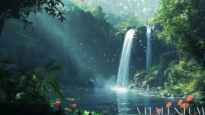 Digital scene depicts twin waterfalls in dense forest basin