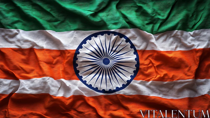 Indian tricolour flag with Ashoka Chakra on wrinkled fabric.