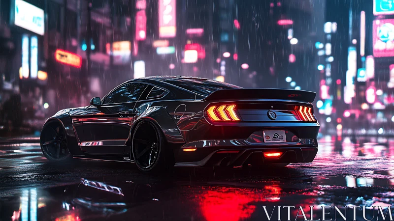 Cyberpunk muscle coupe under neon rain in wet city street