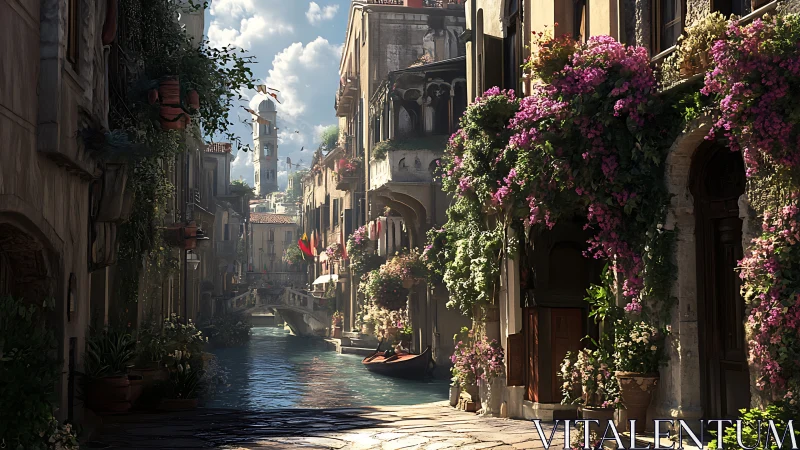 Sunlit canal street welcomes quiet boats and lush blossoms