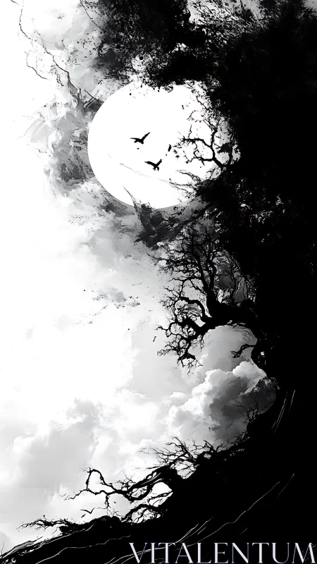 Monochrome moonlit sky with birds and twisted trees.