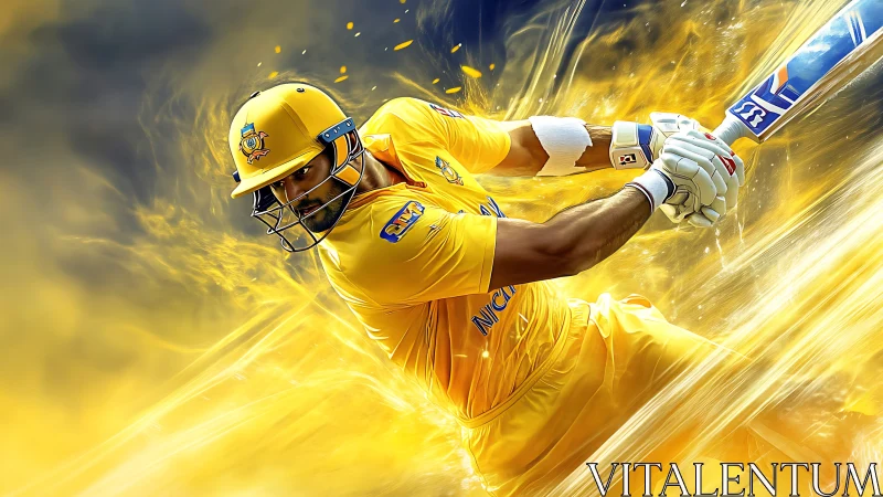 Golden cricket comet in mid-swing shattering the boundary.