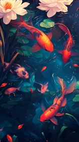 Gentle koi in a moonlit lily pond of glowing colors.