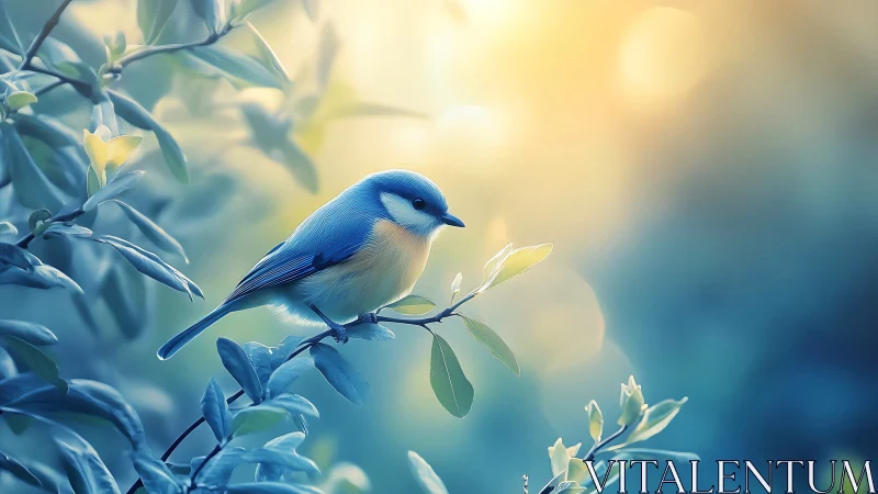 Blue songbird on branch in dreamy soft focus, pastel nature art.