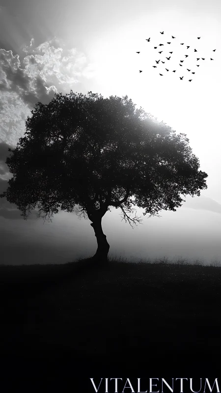 Backlit solitary tree silhouette with high contrast tonal range