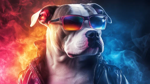 Stylized bulldog portrait with neon bicolor lighting and sunglasses