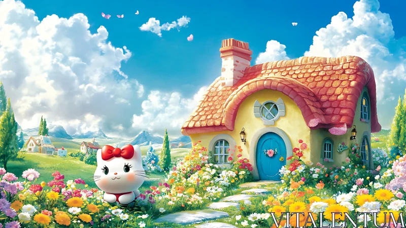 Whimsical cottage landscape with stylized cat in floral meadow