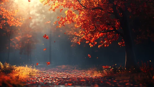 Autumn forest with falling maple leaves and misty light rays