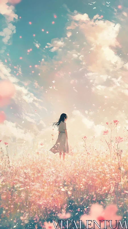 Girl in dreamy flower field stands beneath luminous sky.