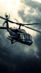 Stealth military helicopter cutting through stormy mountain fog.