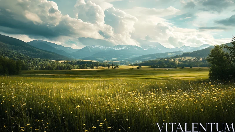 Sunlit mountain valley opens beneath dramatic summer clouds