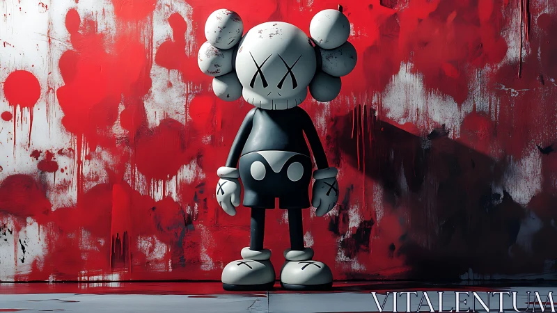 Street art vinyl figure before chaotic red graffiti wall.