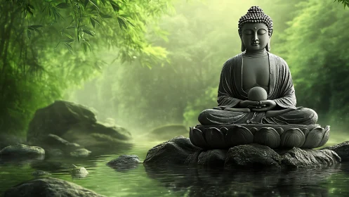Stone buddha cradles stillness above a whispering forest stream