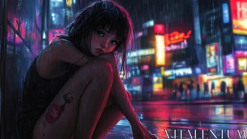 Neon‑lit city rain with solitary girl in reflective mood.