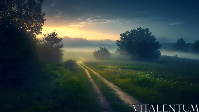 Mist-covered country path under dramatic sunrise sky.