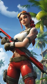 Tropical red armored heroine with rifle in island outpost.