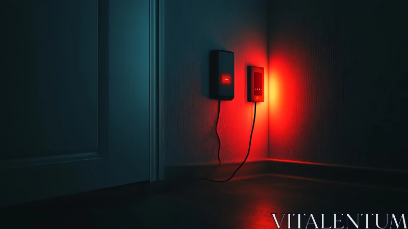 Wall chargers glow red against dark minimalist interior.