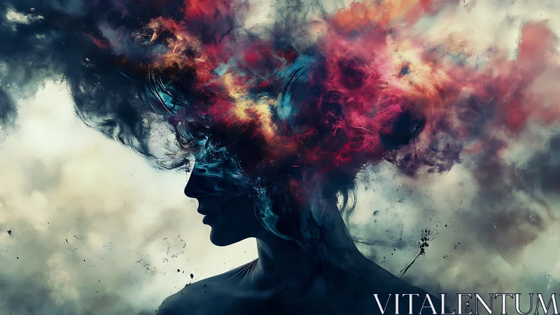 Nebulous mindscape engulfing a silhouetted human profile.