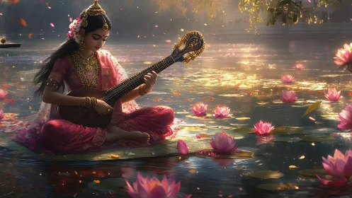 Divine musician on lotus lake under golden dusk light.