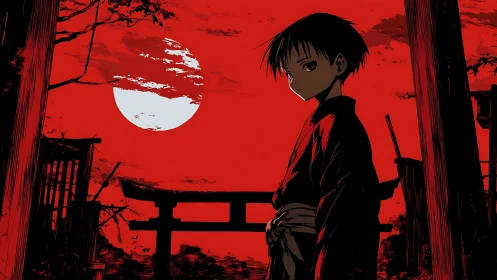 Solitary figure near torii gate under large red moon.