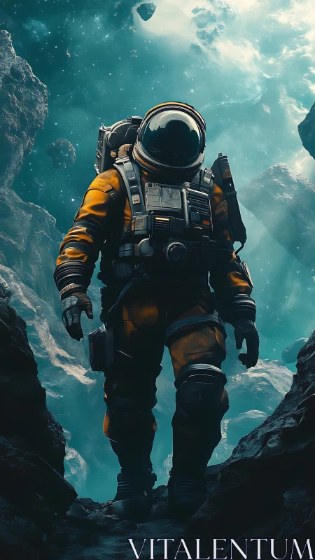 Solitary astronaut walking through rugged asteroid field.