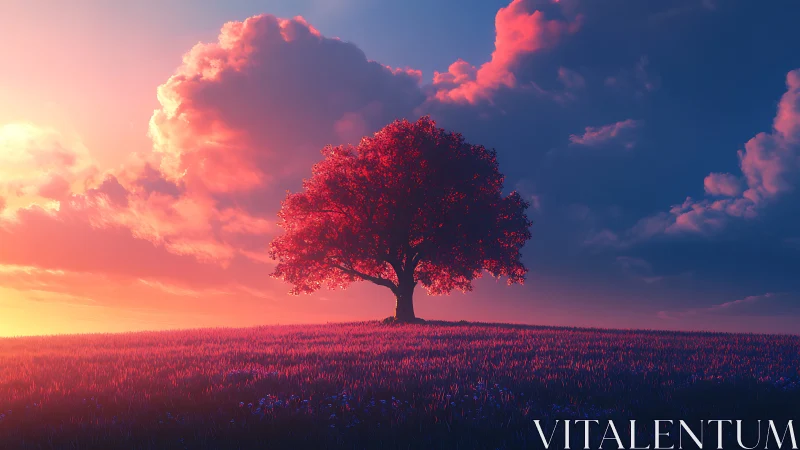 Solitary red tree anchors a neon dusk landscape tableau