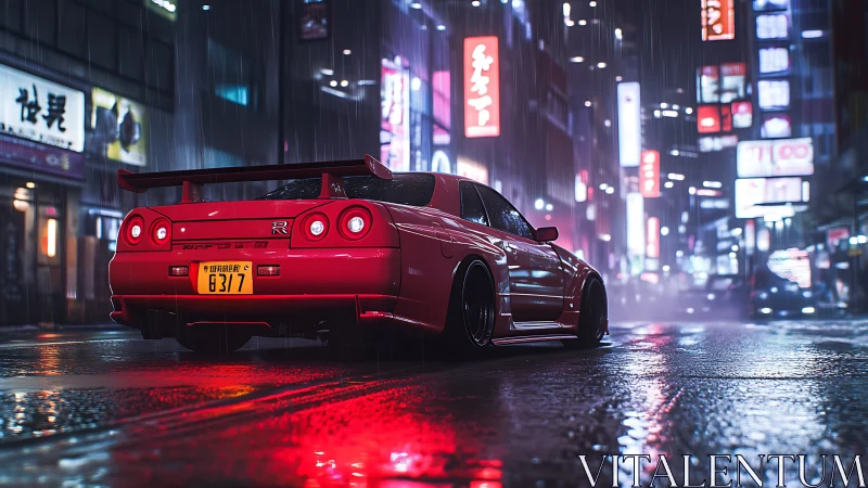 Red tuner skyline under neon rain in Tokyo side street.
