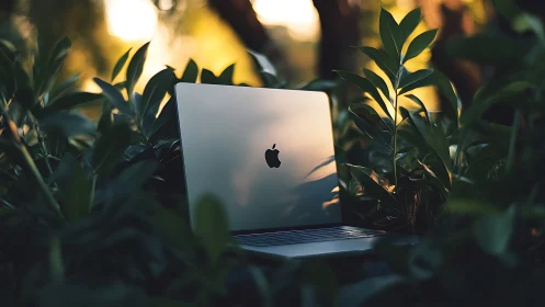 Laptop with Apple logo in lush green outdoor foliage.