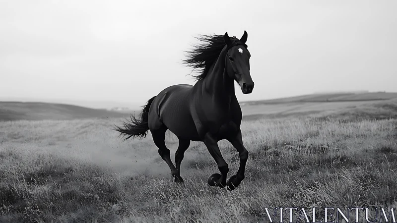 Black horse moves across open grassland in overcast light