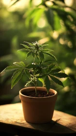 Young cannabis plant grows in terracotta pot under warm light
