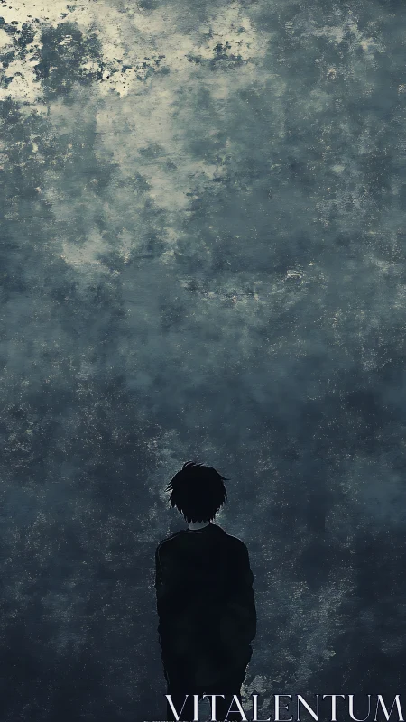 Silhouetted figure beneath textured cloudy night sky.