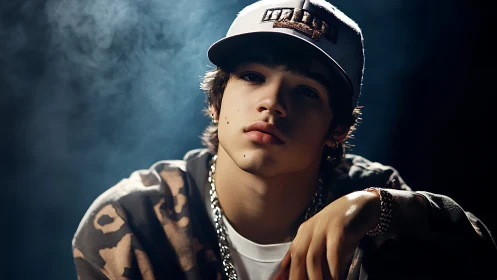 Moody streetwear daydream under smoky studio glow.