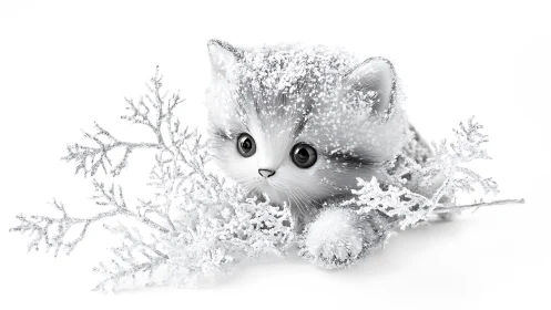 White Kitten Covered in Frost and Snow