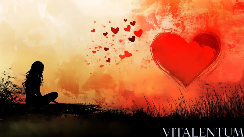 Silhouette woman watches hearts drift through sunset landscape.