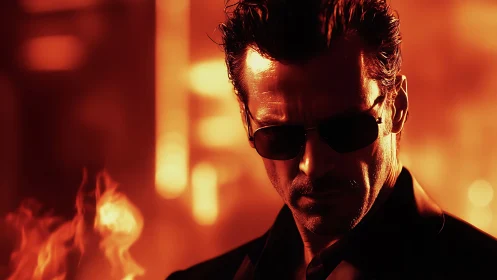 Cinematic close-up of man in sunglasses against fiery bokeh field