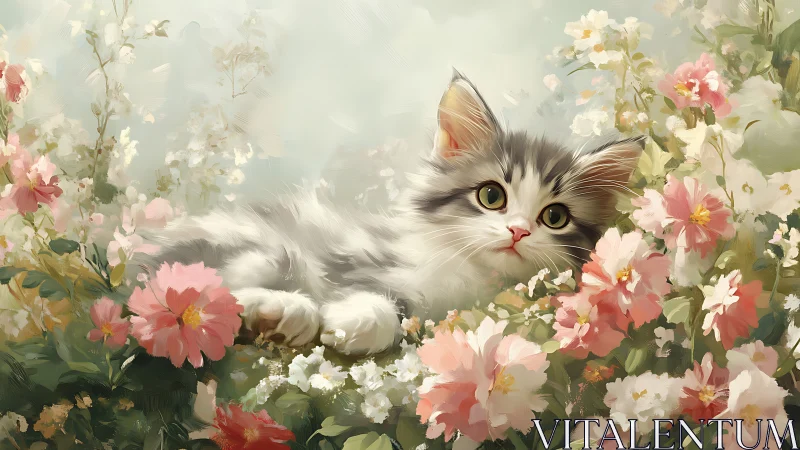 Juvenile Felid Positioned Amidst Chromatic Floral Arrangement.