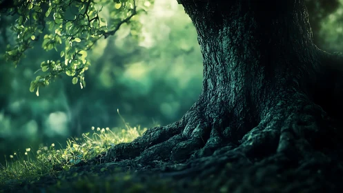 Ancient tree trunk in dreamy forest, soft green lighting, nature art.