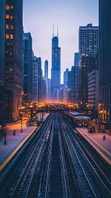 Electric city rails stretch toward a softly glowing skyline