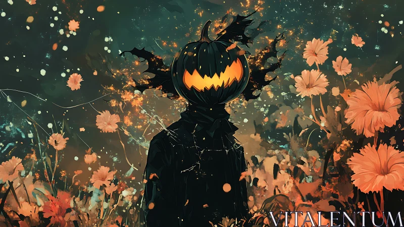 Pumpkin-headed scarecrow glowing softly in a dreamy garden.