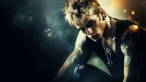 Neon-lit tattooed figure in high-contrast digital chiaroscuro.