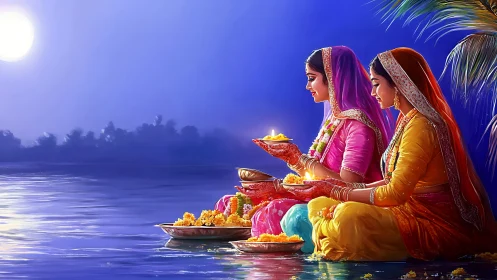 Two women celebrating festival by riverside under full moon, digital art.