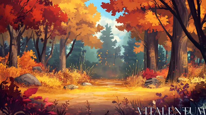 Autumnal Forest Clearing: Digital Landscape with Transitional Canopy.