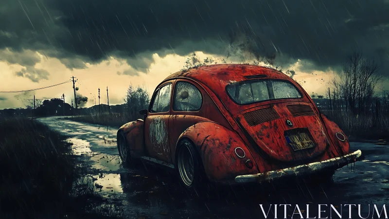 Rusty red Beetle on stormy rural road in heavy rain.